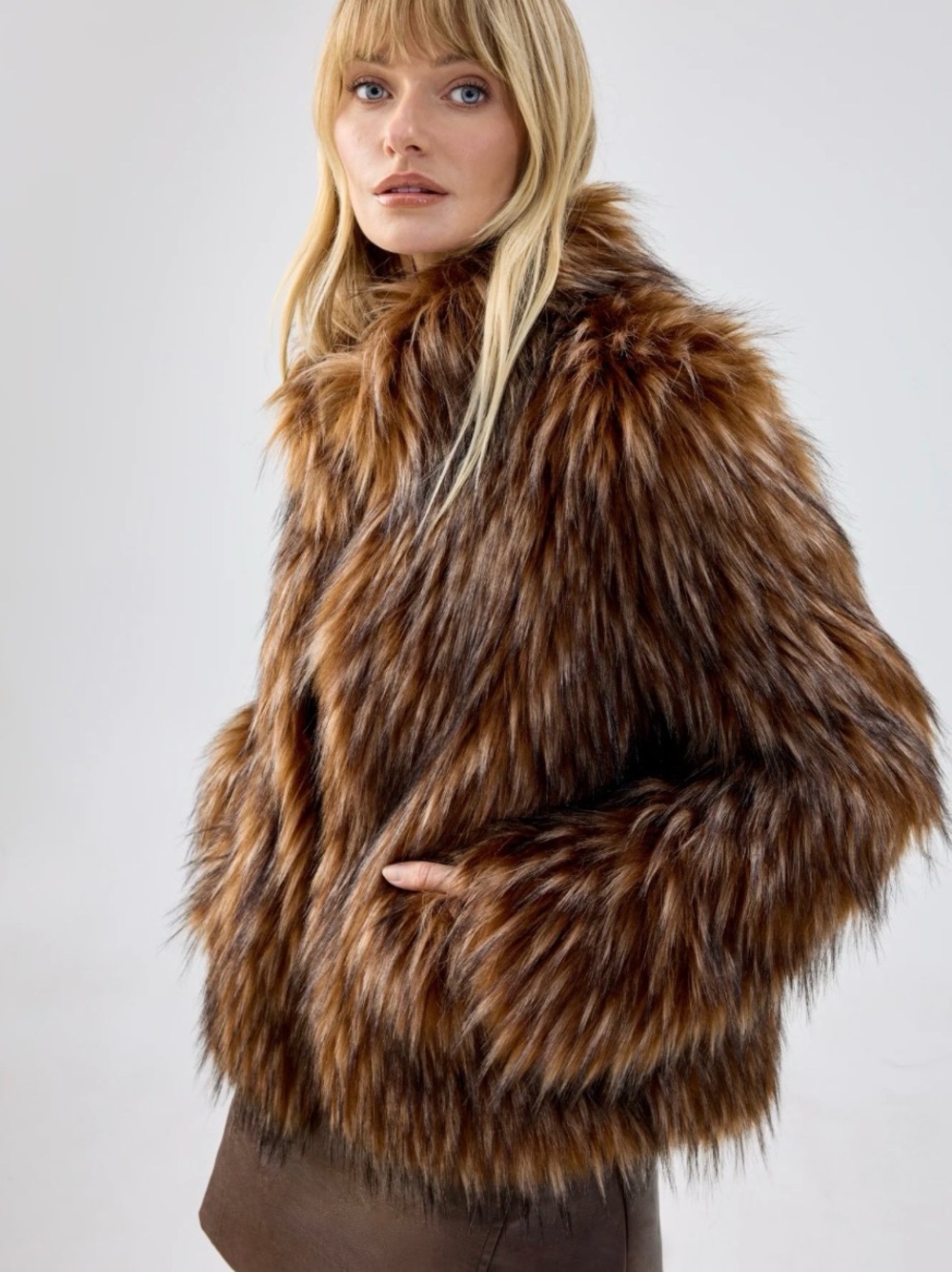 Calvin Klein Faux Fur Brown Mixed-Color Jacket Open Front Size M